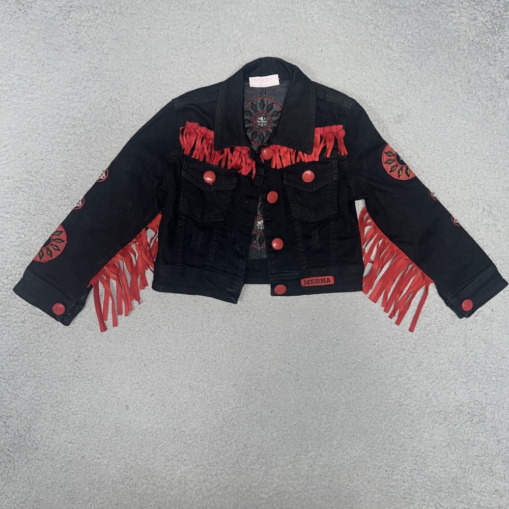 Merna Princess Jacket Youth 10 Black Denim Fringe Western Cropped Trucker Coat